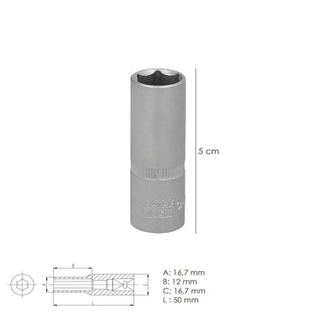 Llave Vaso 1/4" Hexagonal Larga 12 mm. Perfil de 6 caras. Acero Cromo Vanadio, Aristas Redondas