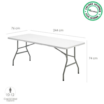 Mesa Plegable Rectangular HDPE 244x76x74 cm. Color Blanco