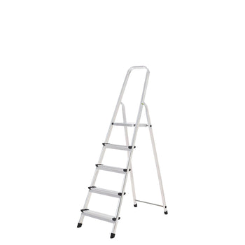 Escalera Aluminio 5 Peldaños Plegable, Uso doméstico, Antideslizante, Ligera y Resistente