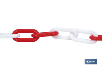 Cadena de polipropileno | Color: rojo y blanco | Rollos de 30 metros | Eslabón: 8 mm
