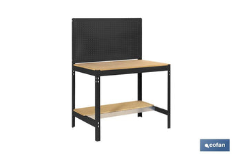 Banco de trabajo | Incluye panel perforado y 2 estantes de madera | Disponible en color antracita | Medidas: 1445 x 910 x 610 mm
