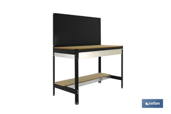 Banco de trabajo | Incluye panel perforado, 2 estantes de madera y 1 cajón | Disponible en color antracita | Medidas: 1445 x 1210 x 610 mm