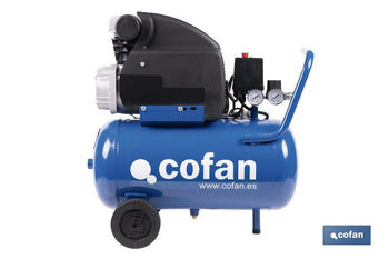 Compresor de aire de pistón coaxial | Motor de 2 HP | Compresor monofásico 230 V | Presión máxima: 8 bares | Depósito de 24 litros | Medidas: 61 x 31 x 58 cm