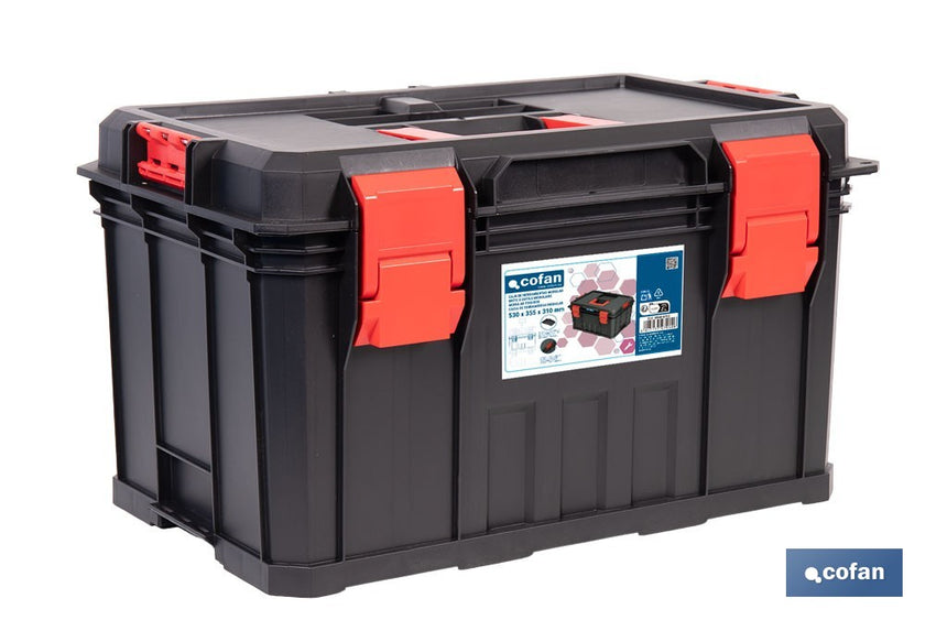 Caja de herramientas modular con separadores removibles y conectores | Capacidad de carga: 50 kg | Compatible con set modular | Medidas: 53 x 35,5 x 31 cm