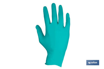Caja de 100 guantes de nitrilo desechables de color verde, sin polvo, de alta resistencia y protección profesional Cofan · Imagen de la familia Cofan