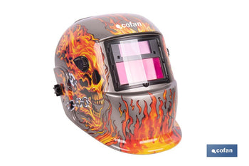 Casco de soldadura automático Fire Skull | Solar, oscurecimiento automático DIN 9-13 | Adecuado para soldadura tipo ARC, MIG, MAG y TIG