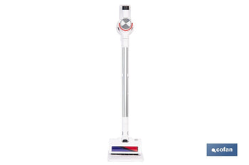 Aspiradora sin cable con base de carga | Potencia de succión: 180 AW | Potencia ciclónica: 32 kPa | 4 velocidades | Filtro HEPA lavable | Batería de litio 25,9 V | Color: blanco