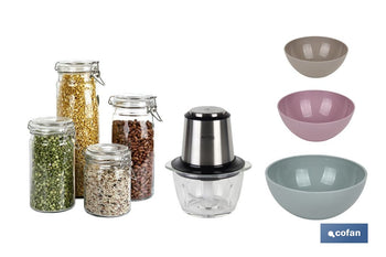 Pack de picadora eléctrica 400 W 1,2 l, 4 tarros herméticos de vidrio, 3 bols de cocina multiusos