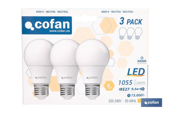 Pack de 3 bombillas LED classic E27 de luz neutra 4000K Potencia 9,5 W y 1055 lúmenes | Ahorro de energía y larga duración 15.000 h de vida
