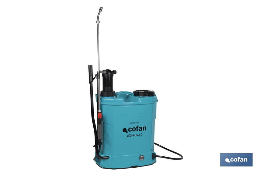 Pulverizador de espalda | Funcionamiento eléctrico y manual | Capacidad: 16 litros | Batería de Li-Ion 12 V | Lanza 60 cm | 4 boquillas | Correas acolchadas