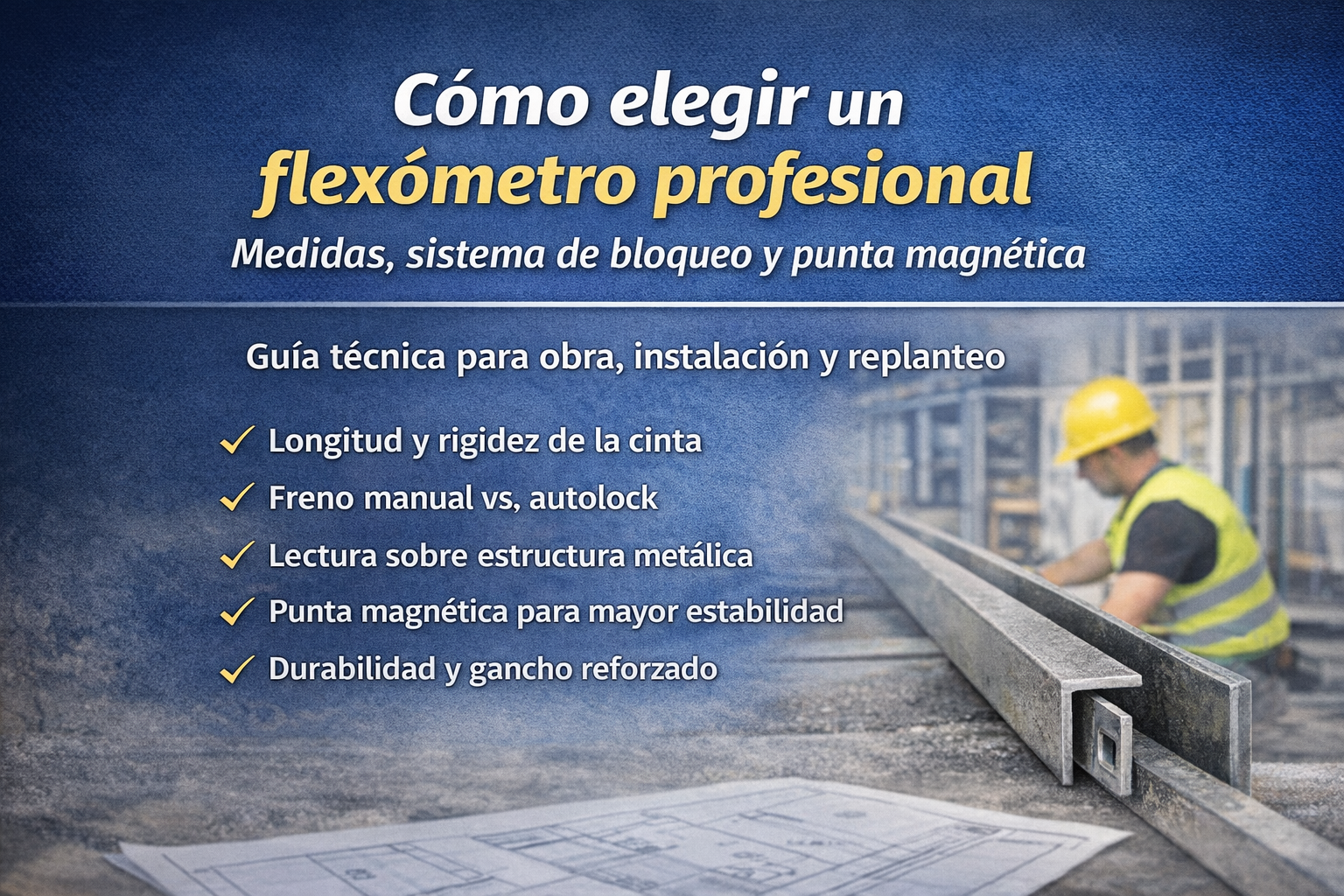 Portada de guía técnica titulada “Cómo elegir un flexómetro profesional”, con fondo de obra desenfocado y estructura metálica en primer plano