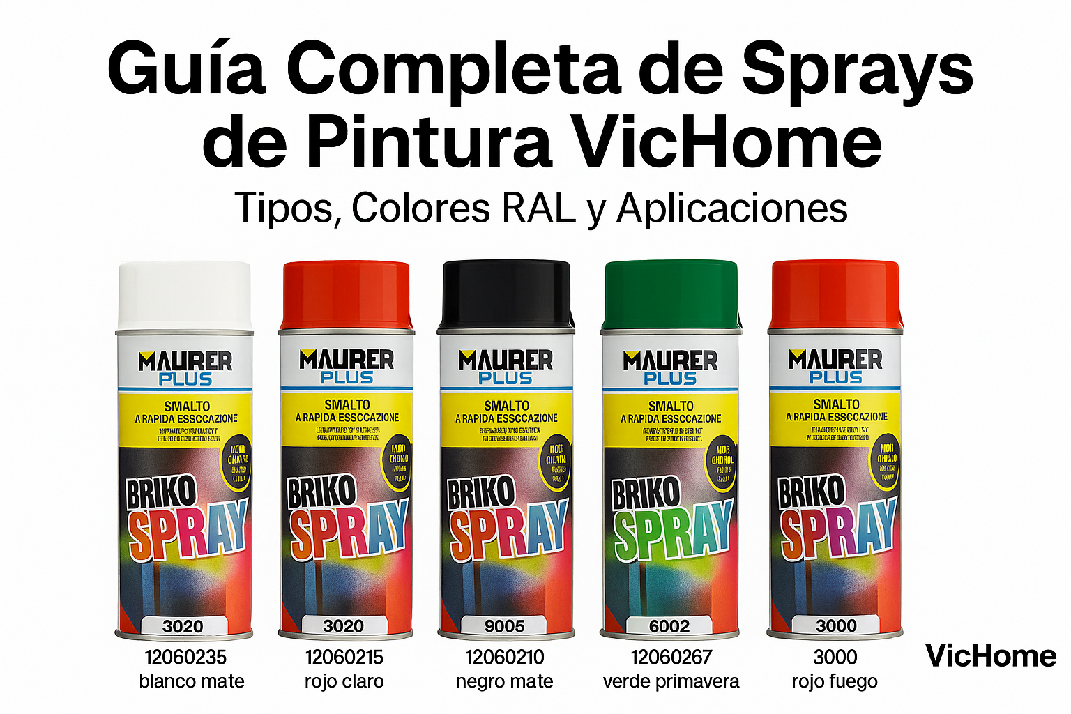 Portada de la guía completa de sprays de pintura VicHome con botes Maurer Plus en colores blanco 9010, rojo claro 3020, negro mate 9005, verde primavera 6002 y rojo fuego 3000, mostrando tipos y colores RAL disponibles