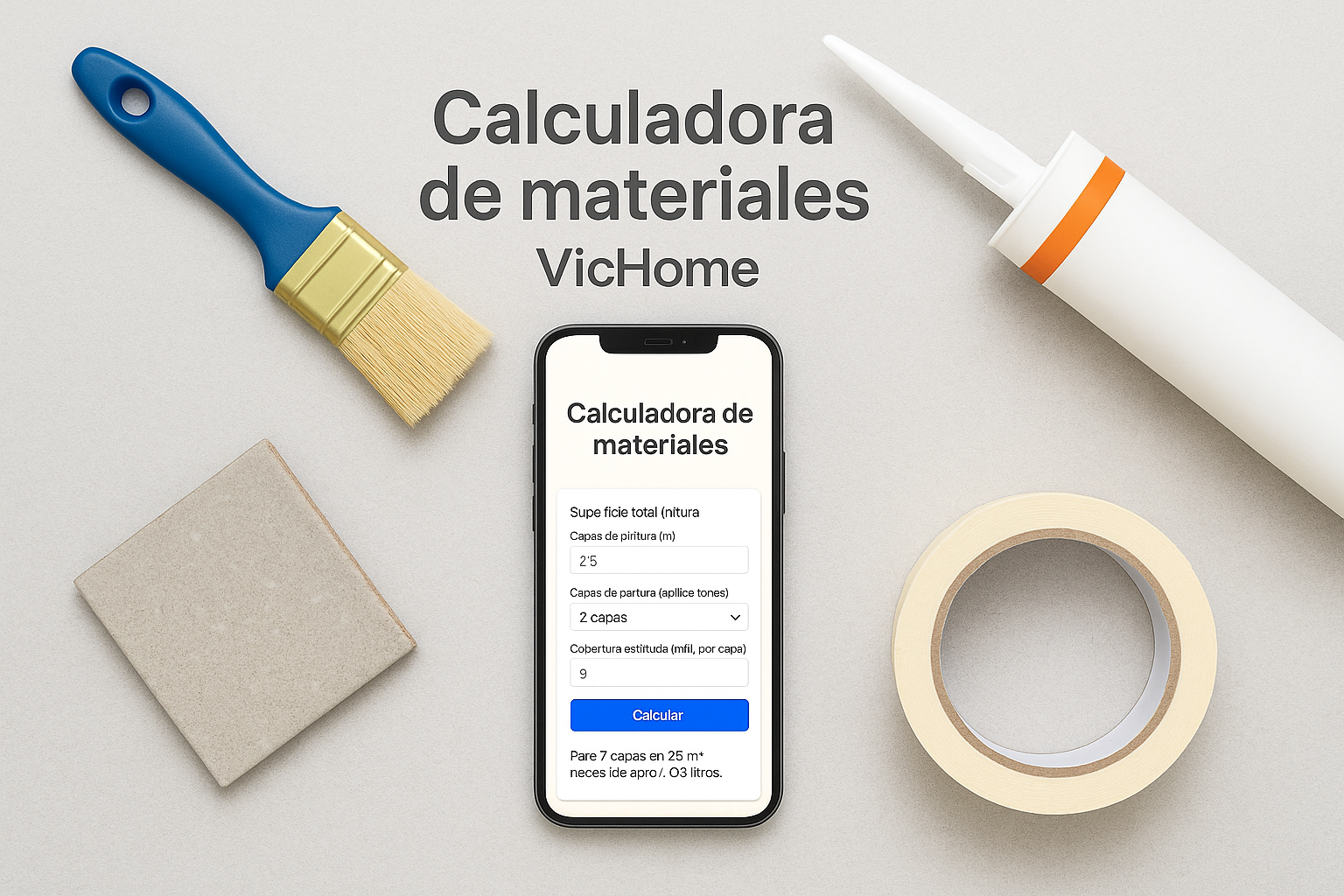 Calculadora de materiales VicHome con pintura, brocha, baldosa, cartucho de silicona y cinta de enmascarar sobre fondo técnico minimalista