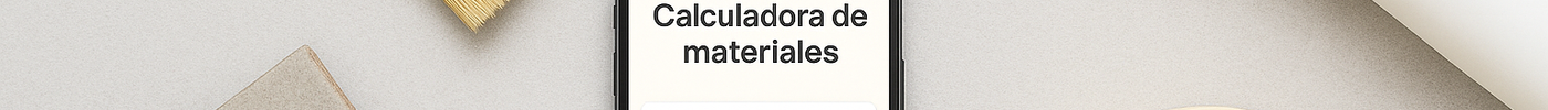 Calculadora de materiales VicHome con pintura, brocha, baldosa, cartucho de silicona y cinta de enmascarar sobre fondo técnico minimalista