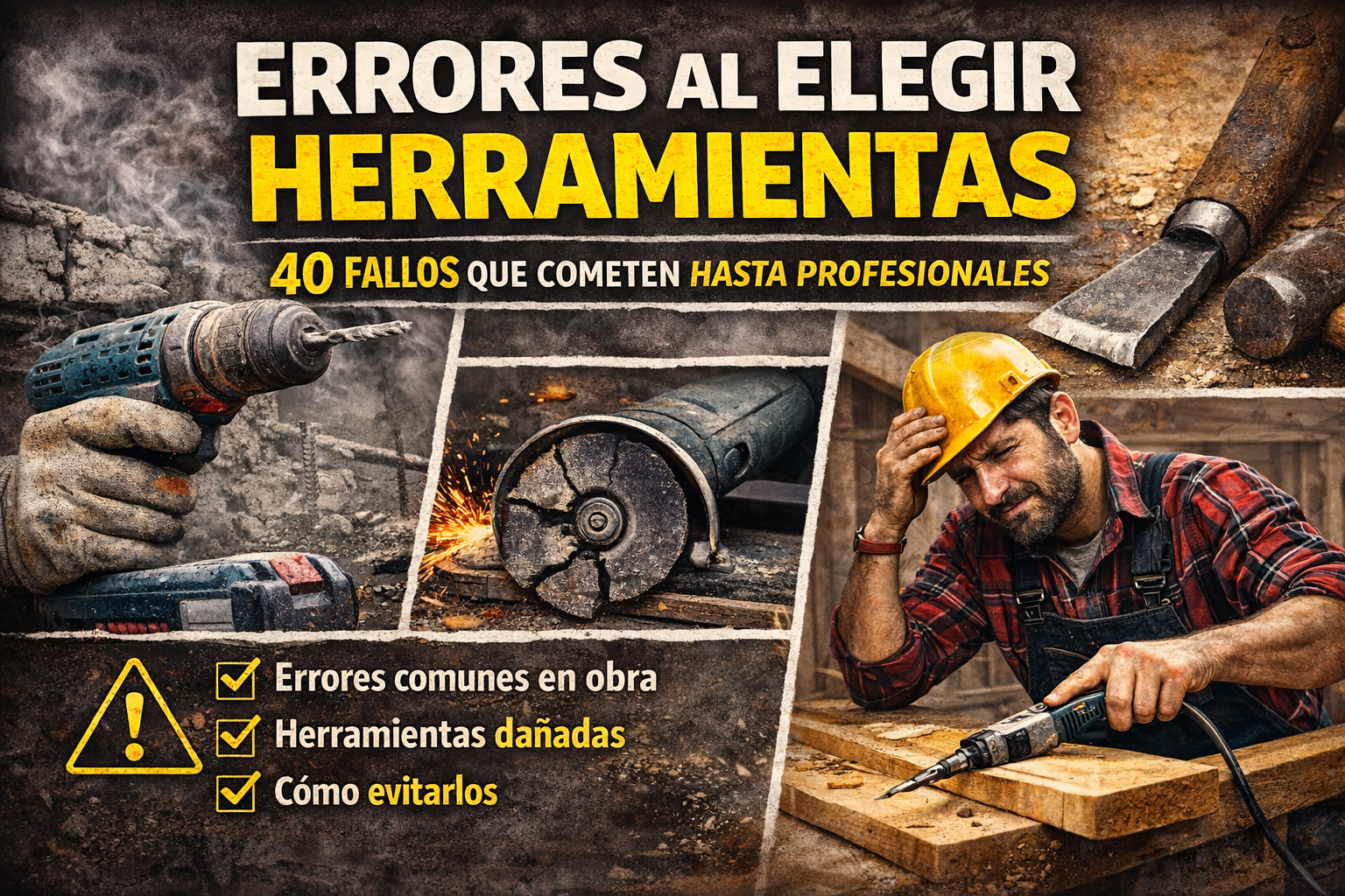 Errores al elegir herramientas en obra con taladro, amoladora dañada y operario trabajando madera