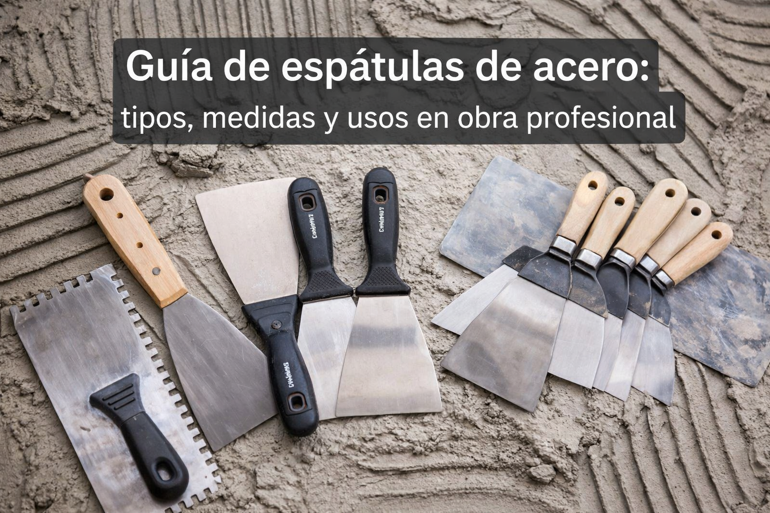 Espátulas de acero profesionales de diferentes medidas y mangos colocadas sobre mortero fresco, con texto “Guía de espátulas de acero: tipos, medidas y usos en obra profesional” en la parte superior.