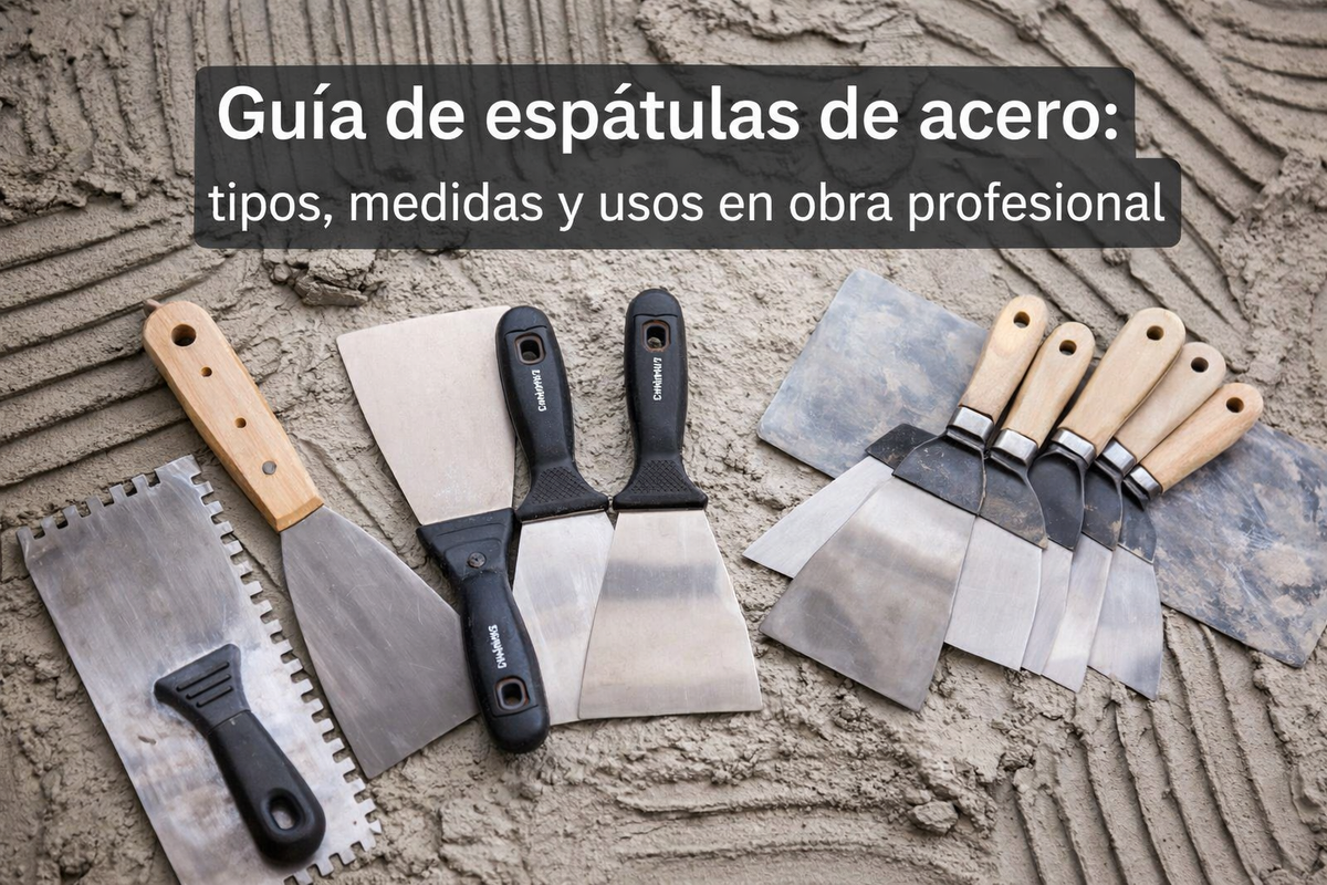 Espátulas de acero profesionales de diferentes medidas y mangos colocadas sobre mortero fresco, con texto “Guía de espátulas de acero: tipos, medidas y usos en obra profesional” en la parte superior.