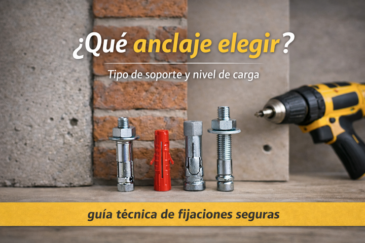 Anclajes metálicos y tacos de fijación sobre fondo de hormigón y ladrillo, junto a un taladro, para guía sobre elección de anclaje según soporte y carga.