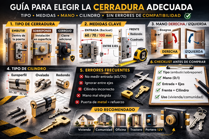 Guía para elegir la cerradura adecuada: tipo, medidas y mano (sin errores de compatibilidad)