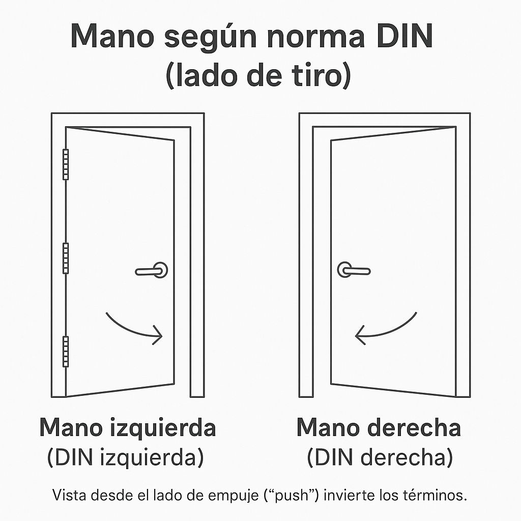 Guía mano de puerta según norma DIN: bisagras a la izquierda = mano izquierda; a la derecha = mano derecha (vista lado de tiro)