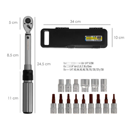 Chave de Torque de 1/4" com 9 Pontas Sextavadas e 5 Soquetes. Chave de Torque para Caminhões, Carros, Motos, Microajustes, Aço CRV