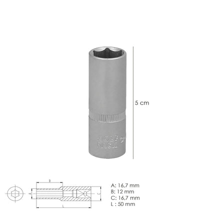 Llave Vaso 1/4" Hexagonal Larga 12 mm. Perfil de 6 caras. Acero Cromo Vanadio, Aristas Redondas