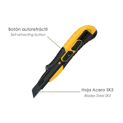 Cutter 18 Mm. Con 2 Hojas Acero Sk5 Boton Autoretractil Hoja Pavonada Negra