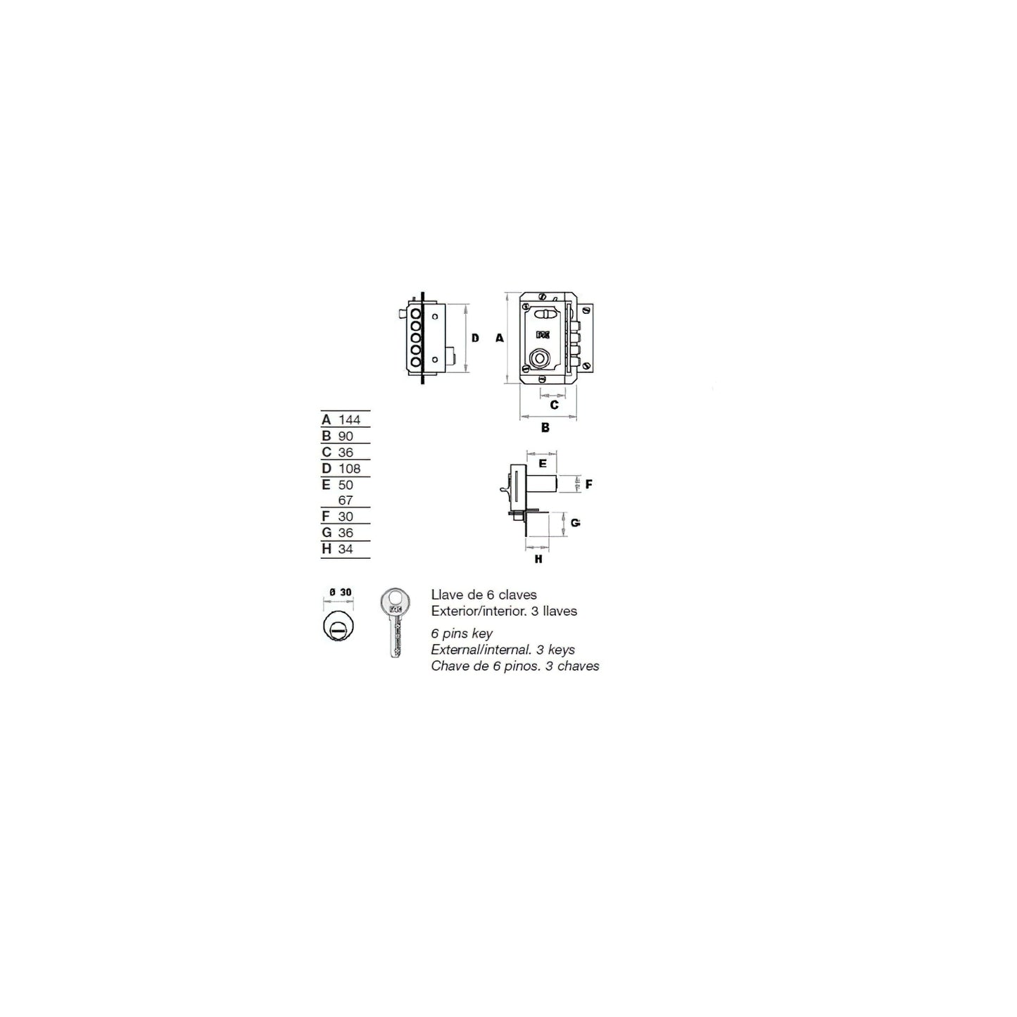 Cerradura Fac S 90 P Pintada Derecha Bombin 70