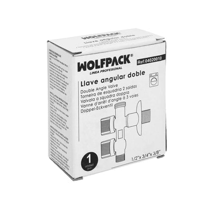 Double Angle Wrench 3/4" and 3/8" Outlet. 1/2" Inlet. Double Stopcock, Double Angle Wrench, Double Washing Machine Inlet.