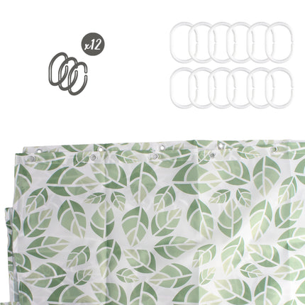 Cortina de chuveiro com folhas verdes 180x200 cm. Impermeável