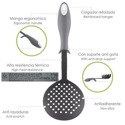 Escumadeira de cozinha de nylon com cabo emborrachado antigotejamento 35 x 11,7 cm.