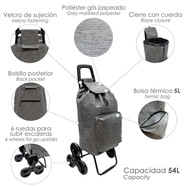Carrinho de compras com 6 rodas para subir escadas, cinza mesclado, 54 litros, em poliéster. Bolsa térmica refrigerada.