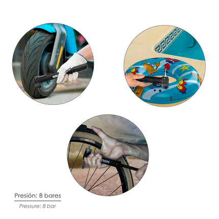 Bicycle Pump, Bicycle Inflator, Scooter Pump. Schrader, Dunlop and Presta Valves 8 Bar, With Bike Support