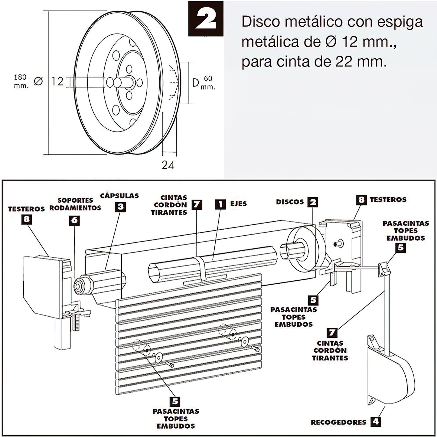 Disco Persiana Metalico Espiga Metalica 180x60 mm. Cinta 18/22 mm.