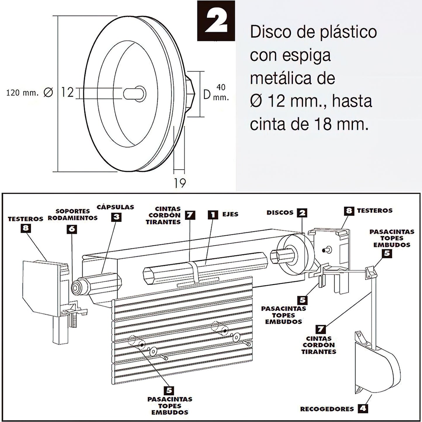 Disco Persiana Plastico Espiga Metal 120x40 mm. Cinta 18 mm.