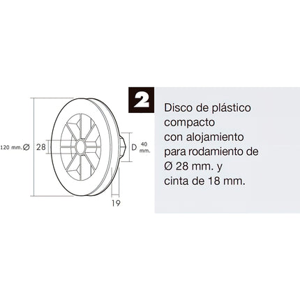 Disco compacto de plástico para persianas de enrolar para rolamentos 120x40 mm. Fita de 18 mm.