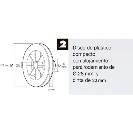 Disco plástico compacto para persianas. Rolamento de 120x40 mm. Para fitas de até 20 mm.