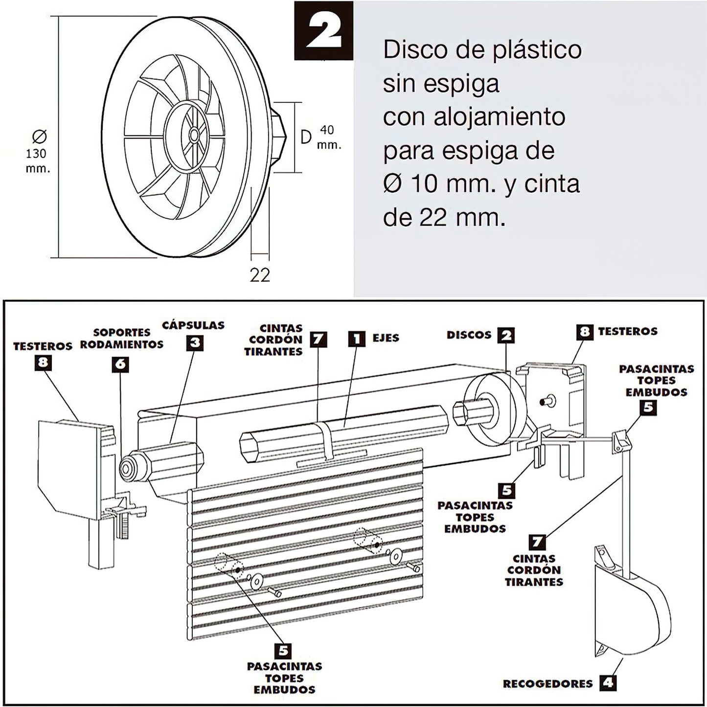 Disco Persiana Plastico Octogonal  130x40 mm. Cinta 22 mm.