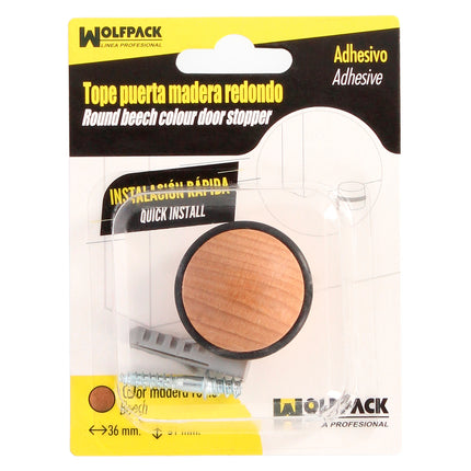 Screw-on Adhesive Door Stop Round Wood Light Oak