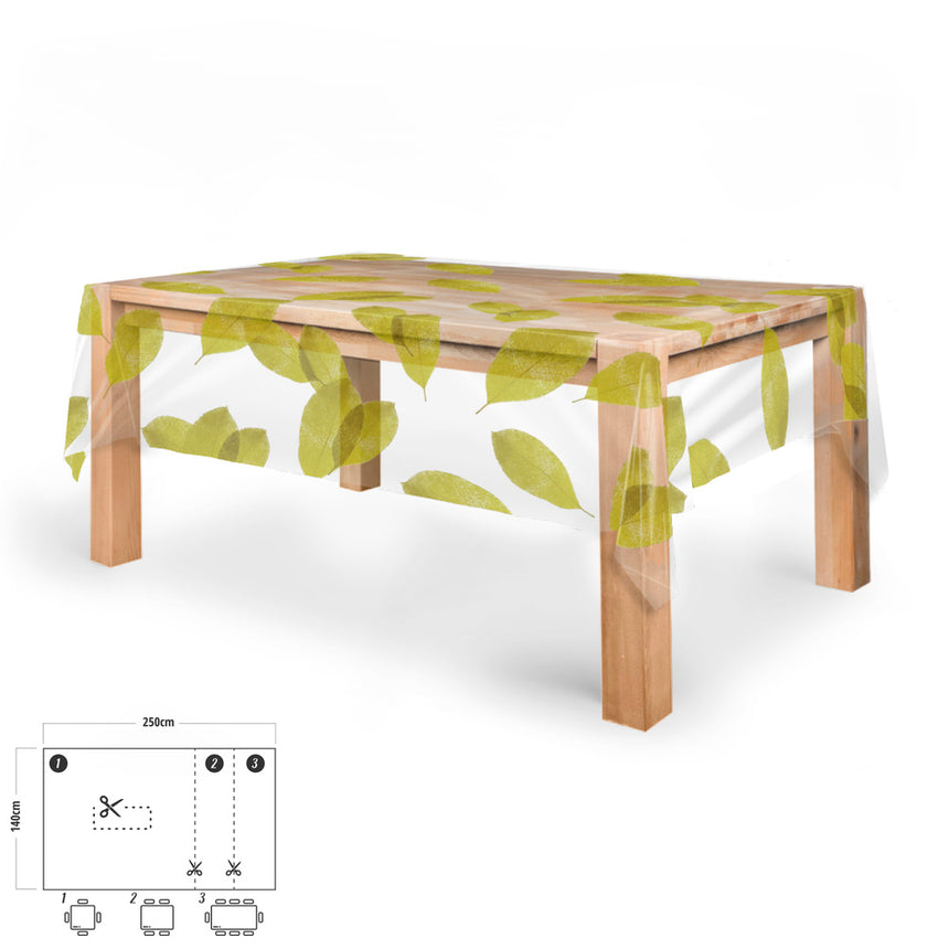 Toalha de Mesa Retangular de Oleado com Folhas Transparentes, Impermeável, Resistente a Manchas, PVC, 140 x 250 cm. Cortável, para Uso Interno e Externo.