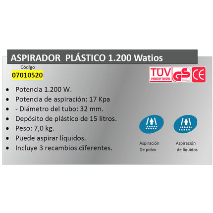 Aspirador de pó de plástico Yamato 15 litros / 1200 watts