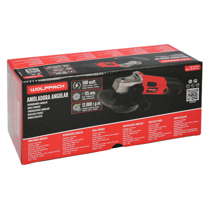 Amoladora 500 Watt. Ø 115 mm. 12.000 R.P.M. Eje M14 Protector Disco Ajustable, Anti arranque