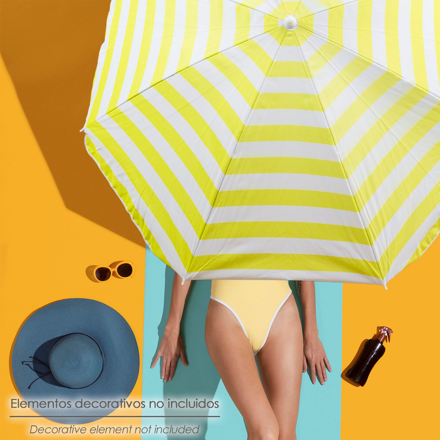 Beach Umbrella Aluminum / Polyester Ø 180 cm. Yellow and White. Fiberglass Ribs. UV Protection.