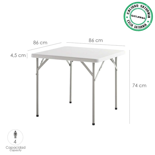 Mesa Plegable Cuadrada HDPE Multifuncional, Portatil, Resistente,Multiusos 86x86x74 cm. Color Blanco