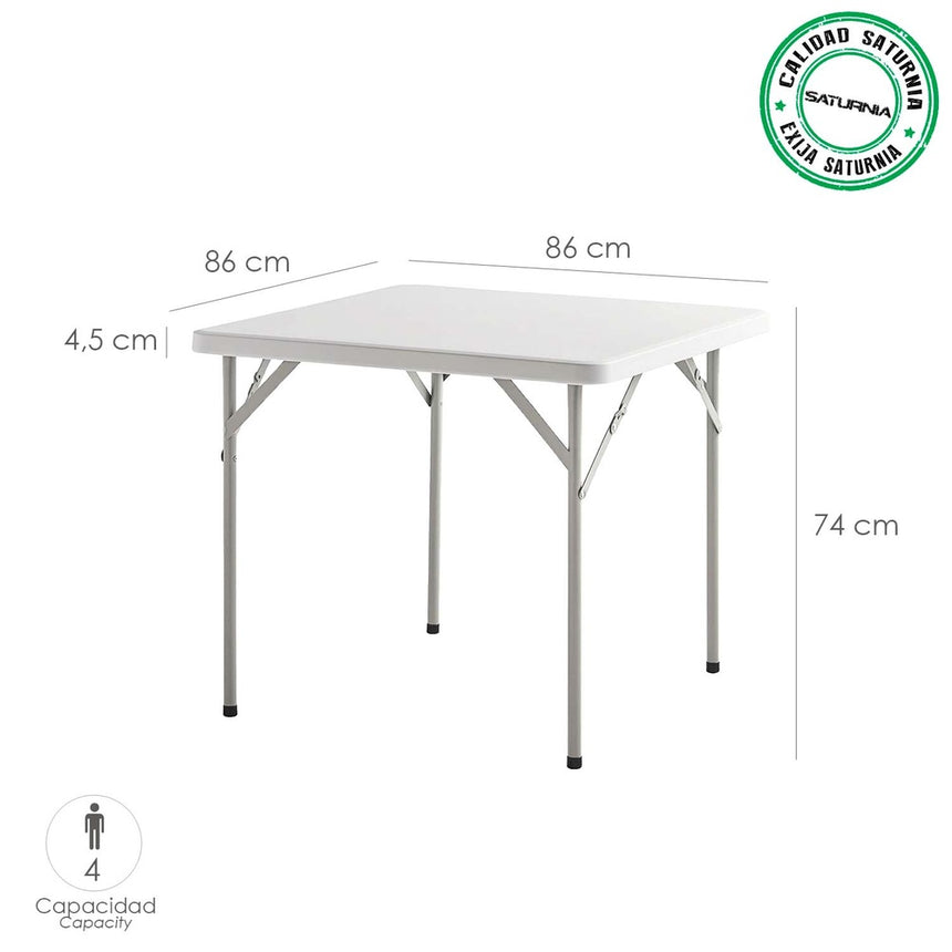 Mesa Plegable Cuadrada HDPE Multifuncional, Portatil, Resistente,Multiusos 86x86x74 cm. Color Blanco