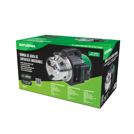 Surface Clean Water Pump Stainless Steel 1,300 W. 5,000 liters/hour, Depth 8 meters Elevation 50 meters. Max Pressure: 5 Bar