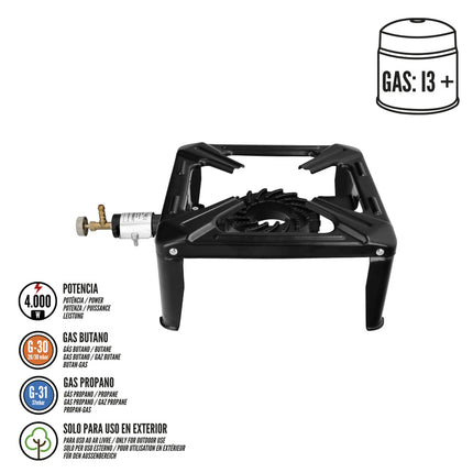 Hornillo Gas 4 Pies 30x30 cm. Potencia 4.000 Watts.