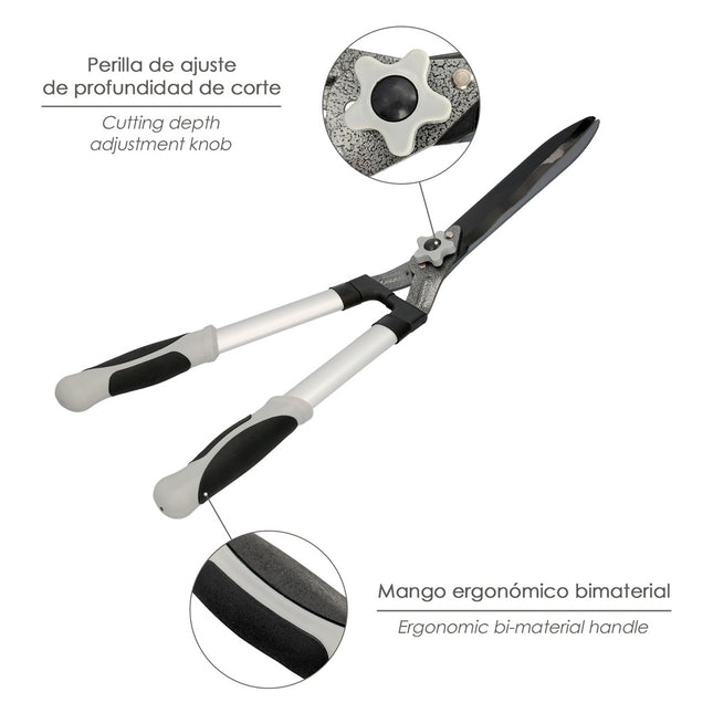 Tijeras Podar Setos 2 Manos Aluminio 63 cm. Hojas Acero Antiadherente, Mango TPR, Ajuste Corte
