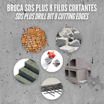 Broca Sds Plus 8 Filos Cortantes Especial Para Hormigon Armado Ø 12 x 210 mm. Broca Paredes, Broca Cimientos, Broca Muros