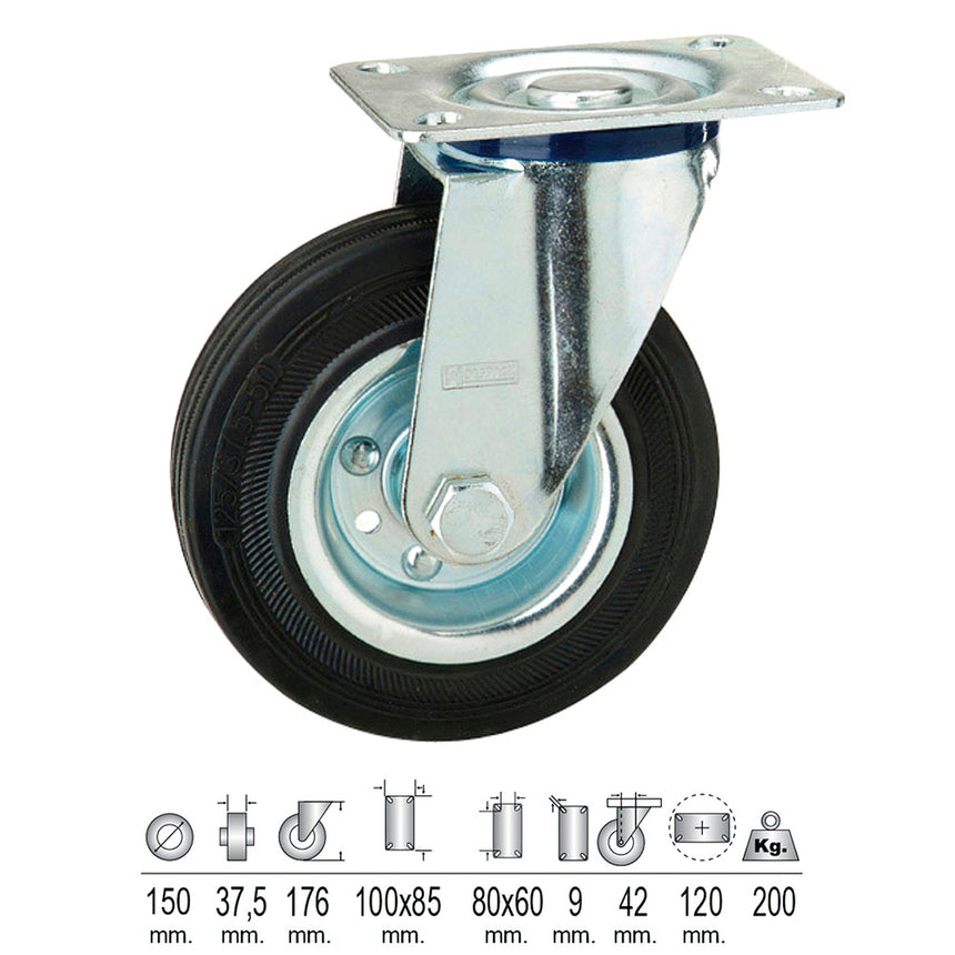 Roda Industrial Placa de Borracha Preta Ø 150 mm.